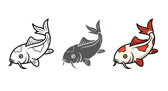 Koi fish swimming icon vector set - Minimalist, flat icon, outline, glyph, linear, clipart, sticker - icon set