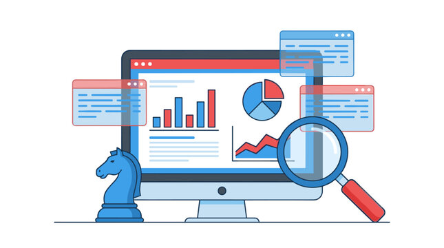 Strategic business data analysis dashboard on a computer screen with magnifying glass charts and a chess piece