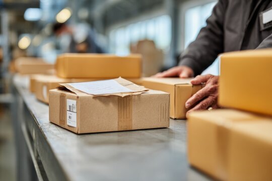 Worker sorting parcels at ecommerce returns station in warehouse