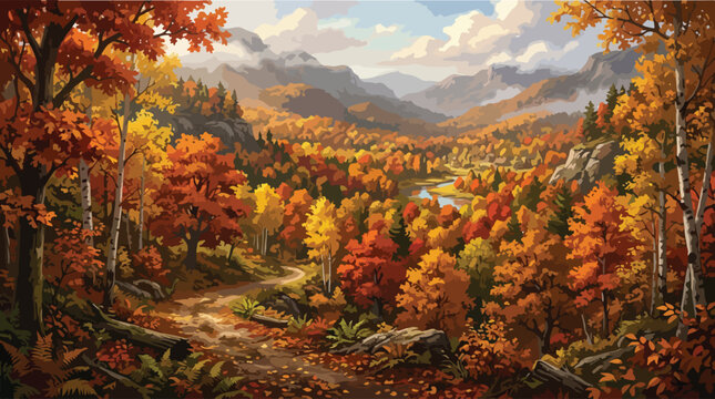 Autumn mountain landscape vector illustration, fall forest valley with orange foliage, scenic wilderness nature background with trees and mountains