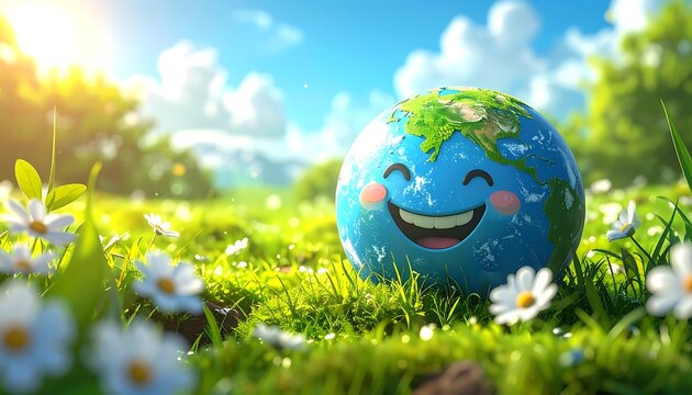 A smiling cartoon globe with rosy cheeks in a field
