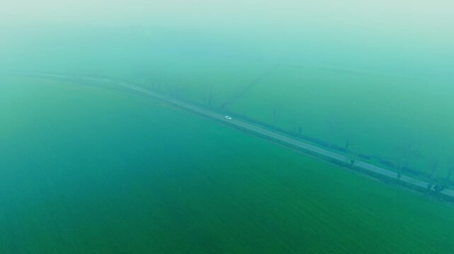 Winding countryside highway emerging through heavy fog layer above green fields. Vehicles traveling slowly across mist covered rural landscape highlighting dangerous low visibility conditions