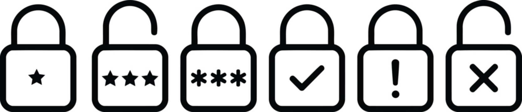 Six padlock icons in different states on transparent background
