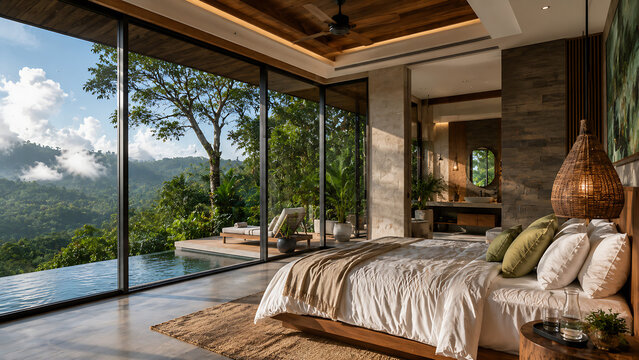 A photorealistic, highly detailed cinematic shot of a luxury hotel bedroom during a heavy rainy season