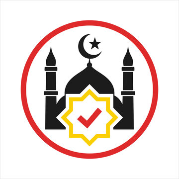 Islamic Mosque Symbol with Checkmark and Crescent Moon.