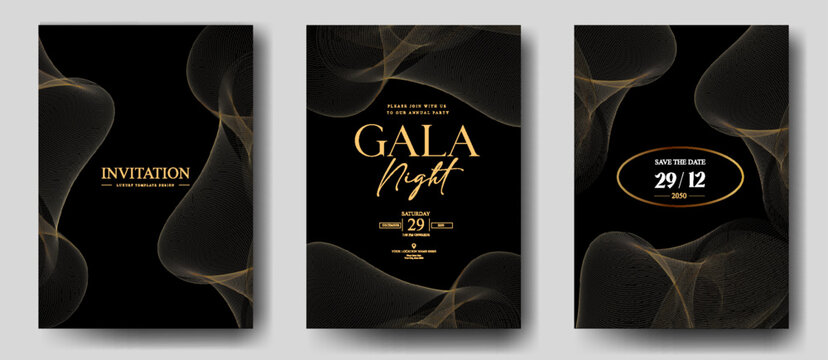 Luxury gala night invitation card set with flowing golden smoke wave effect and elegant black premium background design for VIP party, wedding and branding use