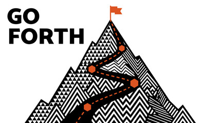 Fototapeta premium go forth concept vector illustration of a geometric mountain with orange path and flag, route to peak, business journey and pattern