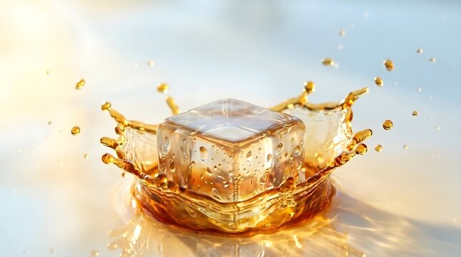 Clear ice cube dramatically splashes into amber liquid, creating refreshing dynamic ripples. Ideal for beverage advertising, cooling drinks.