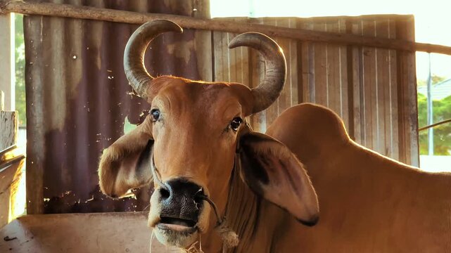 Bull with nice horn eating, feeding on hay or dry grass in cattle shed