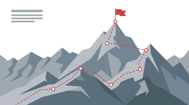 mountain path concept vector illustration with red flag and layout elements, route to mountain peak, business journey and strategy map