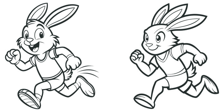 Two cartoon running rabbits black and white line art coloring page.