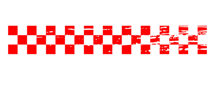 Red and white checkered rectangular frame with grunge. Square racing checkerboard pattern. Chessboard geometric pattern. Rally checkerboard pattern.