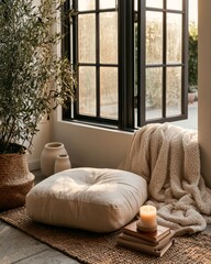 Fototapeta premium Cozy Meditation Cushion with Blanket and Candle by Open Window