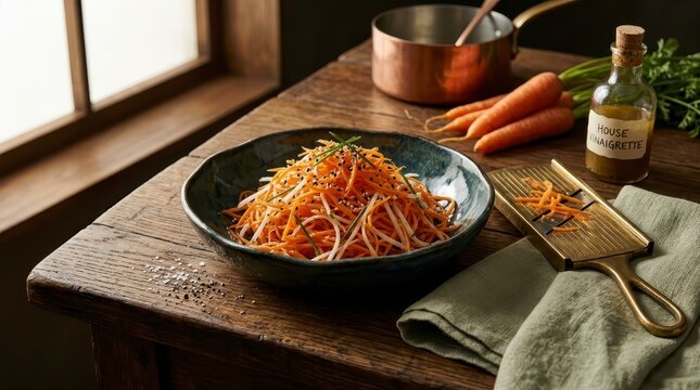 Fresh shredded carrot and sprout salad on rustic wooden table