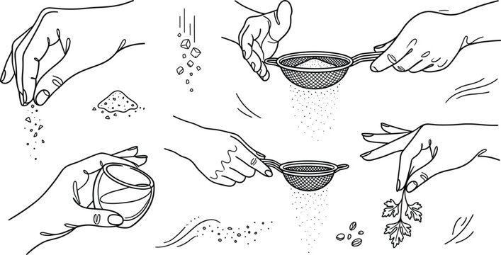 Cooking Hands Vector Illustration Set with Sifting Flour Sprinkling Salt and Adding Herbs Line Art Graphic Design Elements
