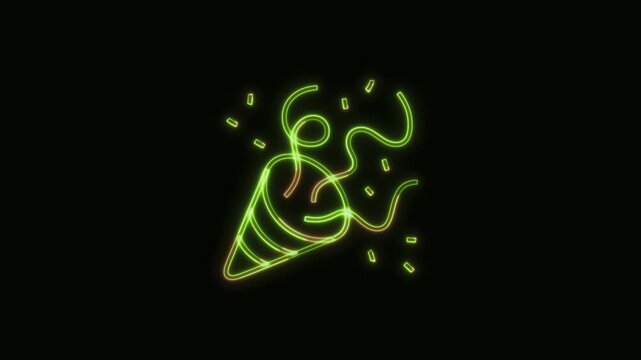 Party Popper Icon Neon Seamless Loop 4K Black Background Animated Promotional Typography for Video Editing