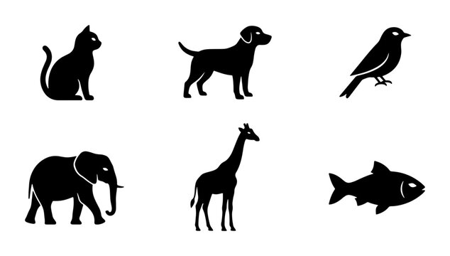 Set of 6 Animal Silhouettes: Cat, Dog, Bird, Elephant, Giraffe, Fish Icons