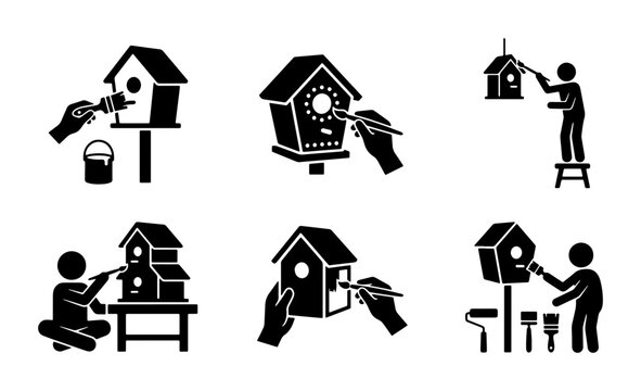 Birdhouse Painting Icons, DIY Crafting Set, Creative Hobby Vector Graphics