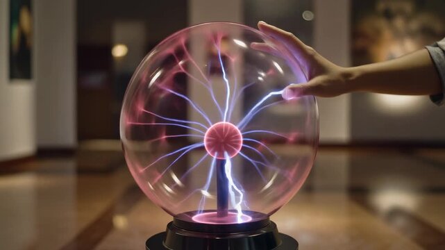 3D cinematic close-up of a woman running her hand over a large Tesla-style electrical discha