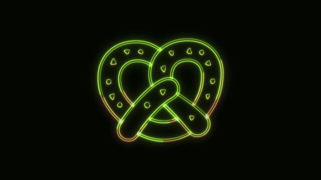 Pretzel Icon Neon Seamless Loop 4K Black Background Animated Promotional Typography for Video Editing