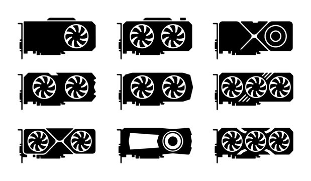 Modern Graphics Card Icons, Computer Hardware Vector Set, Gaming GPU Components Collection