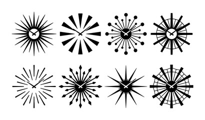 Obraz premium Retro Starburst Clock Icons, Mid-Century Modern Timepiece Graphics, Vintage Sunburst Wall Clocks, Set of 8 Vector Elements