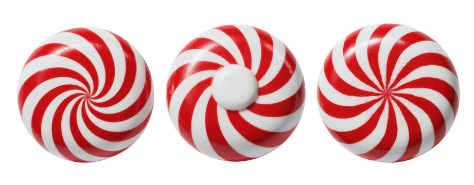 Three red and white peppermint swirl candies isolated on transparent background
