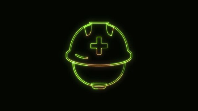 Rescue Worker Helmet Icon Neon Seamless Loop 4K Black Background Animated Promotional Typography for Video Editing