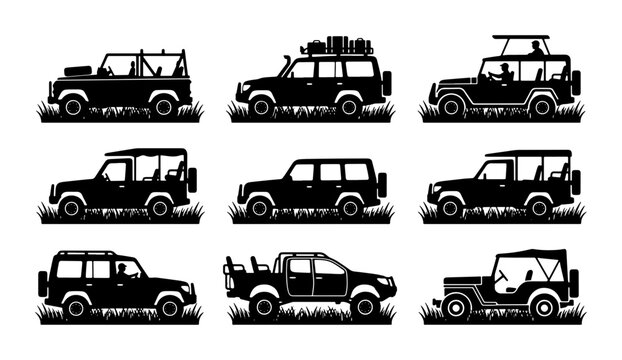 Off-Road Vehicles Collection, Rugged 4x4 SUVs, Adventure Travel Transport Icons, Outdoor Expedition Cars