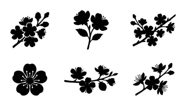 Black Cherry Blossom Branch Silhouettes, Spring Floral Vector Elements, Delicate Flower Icons
