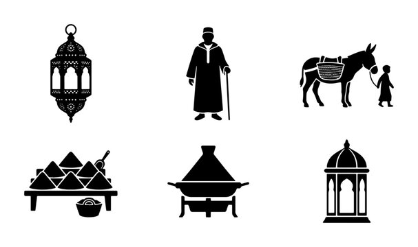 Moroccan Culture Icons: Lantern, Man, Donkey, Food, Architecture Set
