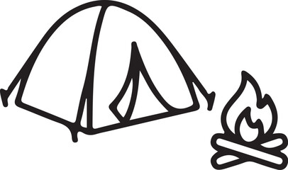 Camping icon with tent and campfire on white background © RahimaAkther