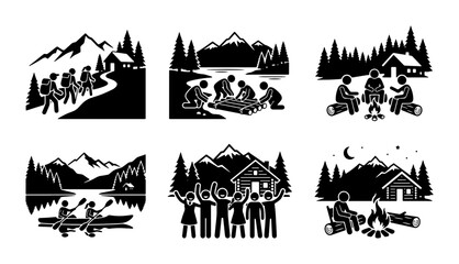Obraz premium Outdoor Adventure Icons: Camping, Hiking, Kayaking, Group Activities, Mountain Scenery, Vector Set