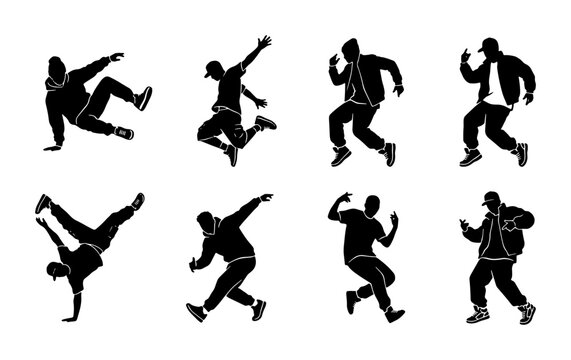 Urban Breakdance Silhouettes, Hip Hop Dancers Set, Dynamic Street Style Moves, Black Vector Icons