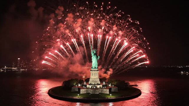 Statue of Liberty on Liberty Island at night with red fireworks exploding over New York harbor.