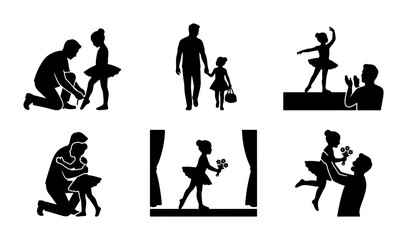 Father Daughter Ballet Moments, Silhouette Dance Class, Performance, Family Support Vector Icons © Mithi