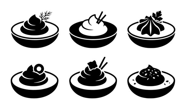 Deviled Eggs Icon Set, Appetizer Food Vector Graphics, Party Snack Illustrations, Black and White