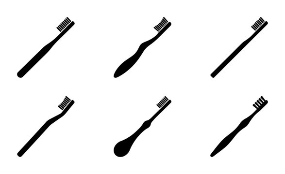 Six Black Toothbrush Icons, Dental Hygiene Vector Set, Oral Care Essentials