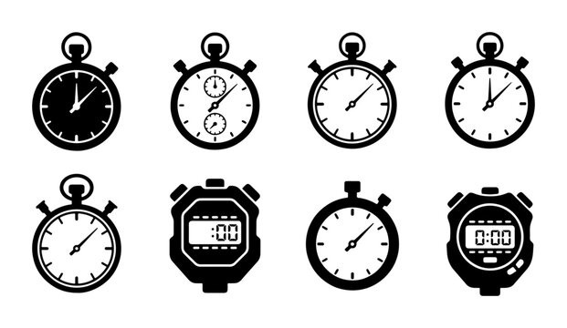 Stopwatch Icons Set, Vintage and Digital Timekeeping, Stopwatch Vector Graphics Collection