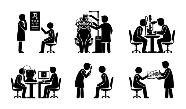 Optometry Icons Set, Eye Exam Vector Graphics, Vision Care Pictograms, Medical Illustration Collection