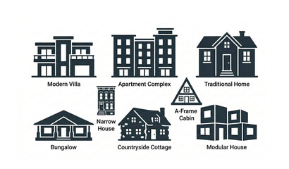 Fototapeta premium House glyph icon set with mixed architectural styles and solid home symbols