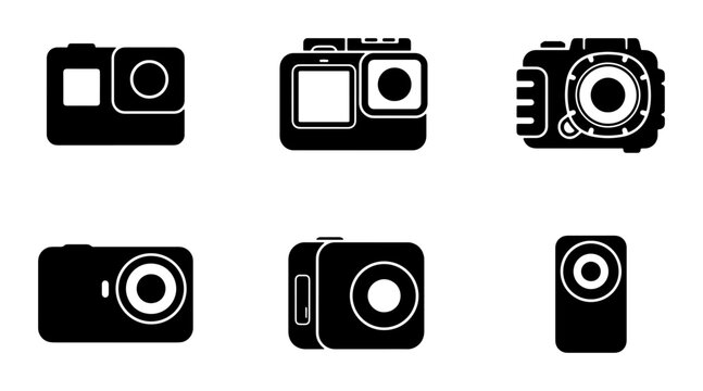Action Camera Icons Set, Digital Photography Equipment, Compact Device Graphics, Modern Gadget Collection