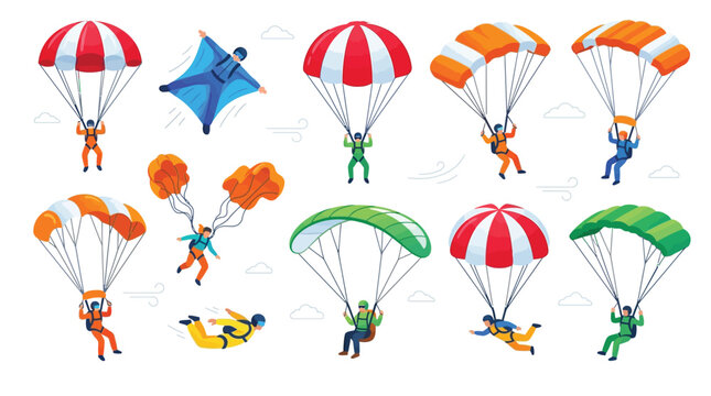 Collection of professional skydivers and paragliders performing extreme aerial sports in this colorful digital vector image