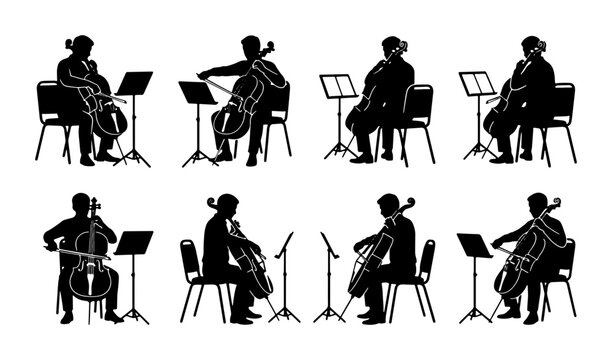 Cellist Silhouettes Collection: Orchestral Musicians Playing Cello, Classical Music Performance Icons