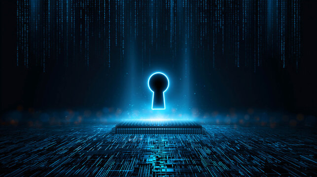 A glowing neon silhouette of a keyhole above a microchip, with a stream of digital binary codes in the background, representing the concept of cybersecurity, data protection, and encryption.