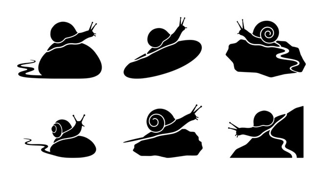 Snail Silhouette Icons, Slow Movement Vector Graphics, Gastropod Wildlife Art, Nature Insect Symbols