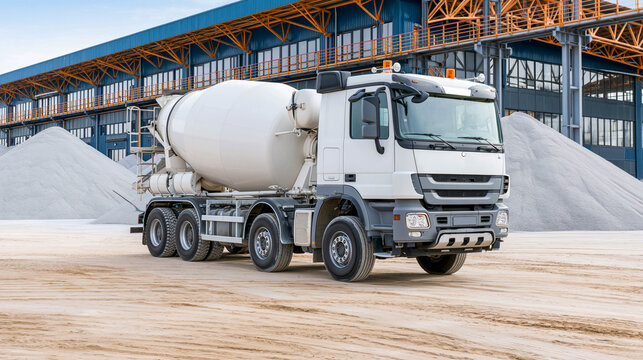 A white concrete truck (mixer) stands on the industrial site of a cement factory, with warehouses and piles of crushed stone and sand in the background.