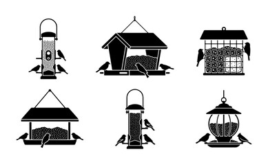 Obraz premium Bird Feeder Icons Set, Garden Wildlife Supplies, Outdoor Pet Feeding Stations, Silhouette Vector Collection