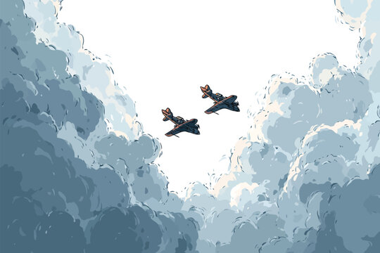 Fighter Planes in Dogfight Over Cloudy Skies isolated