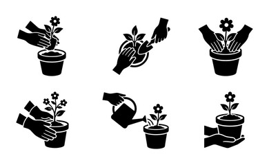 Gardening Icons Set: Planting, Watering, Potting Plants, Hands Caring for Growth © MstMithila